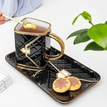Tasse Sac à Main avec Assiette Cuillere Mug matelassé noir et doré