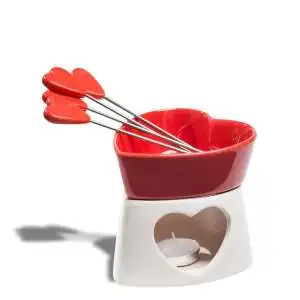 Fondue en chocolat en céramique en forme de cœur rouge 4 piques