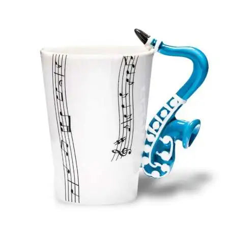Tasse mug blanche à partitions de musique anse saxophone céramique