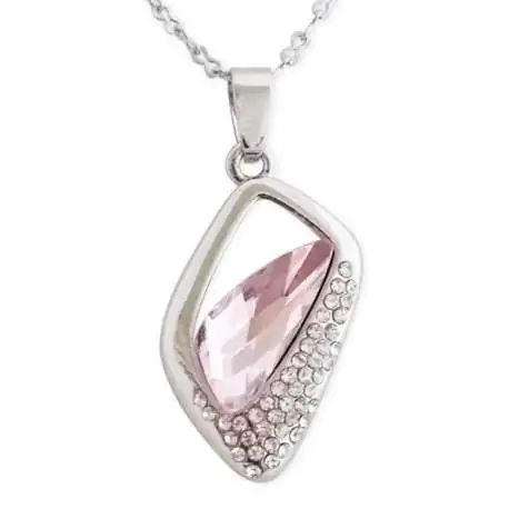Collier pendentif losange avec strass et pierre rose pâle