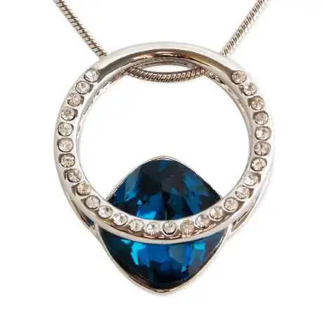 Collier anneau solitaire strass et pierre précieuse bleue