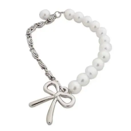 Bracelet élastique aux perles blanches et mailles argentées