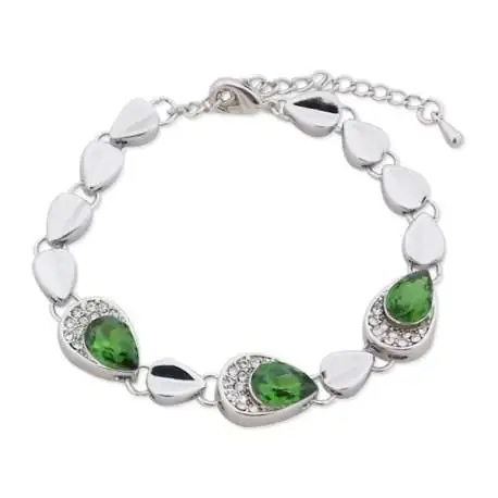 Bracelet gouttes argentées, strass et faux cristal vert