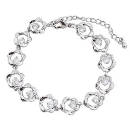 Bracelet argenté aux fleurs torsadés et faux diamants blancs