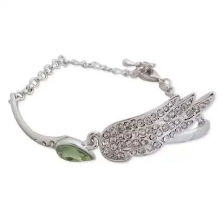 Bracelet fantaisie argenté, faux diamant vert et aile en strass