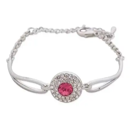Bracelet argenté au palet de strass et faux cristal rose