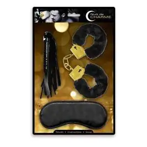 Coffret cadeau sexy paire de menottes fouet et masque pour couple